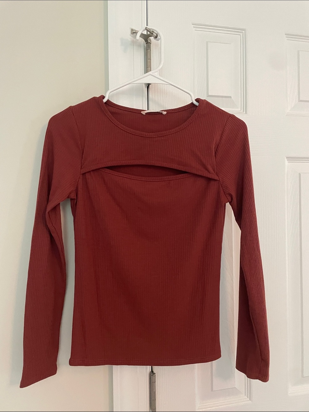 Caution To The Wind Rust Ribbed Long Sleeve Cutout Front Top